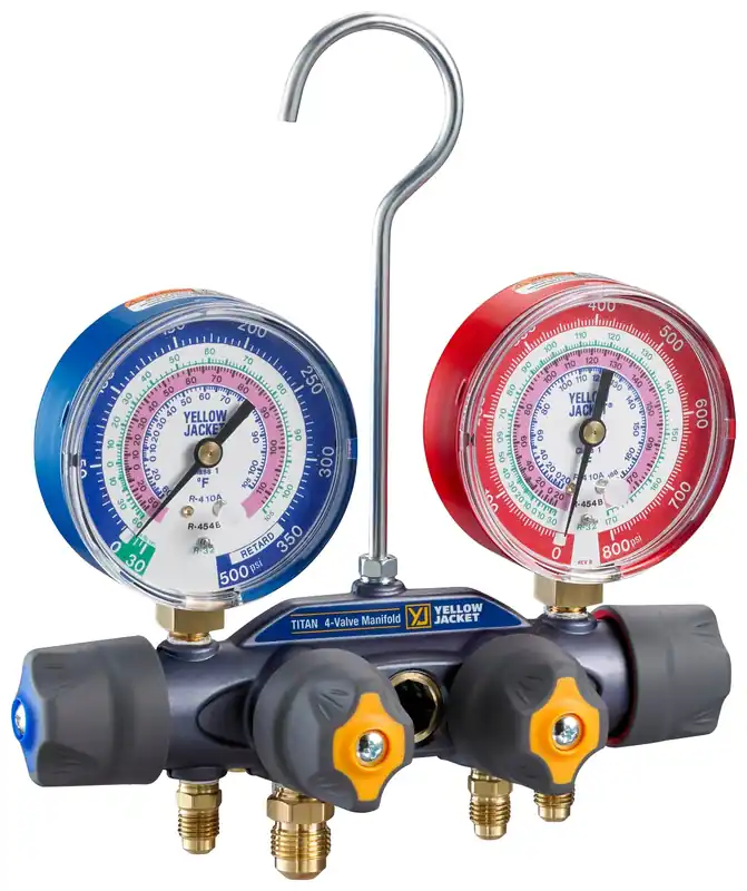 Yellow Jacket 49974 TITAN® A2L 4-Valve Manifold Only, 3-1/8″ (80mm) Gauges, R-32/454B/410A PSI °F Final Sale