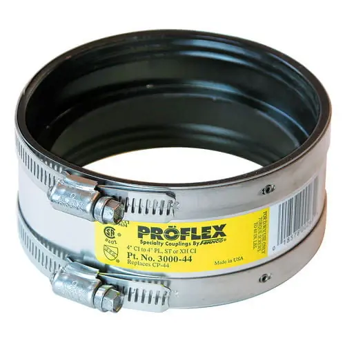Markdown Fernco Proflex 3000-44 4" Cast Iron x 4" Plastic, Steel or Extra-Heavy Cast Iron Shielded Coupling
