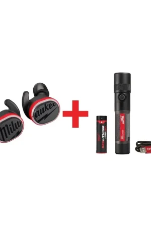 While Supplies Last Milwaukee REDLITHIUM USB Bluetooth Ear Buds with USB Rechargable 1100-Lumen Twist Focus Flashlight