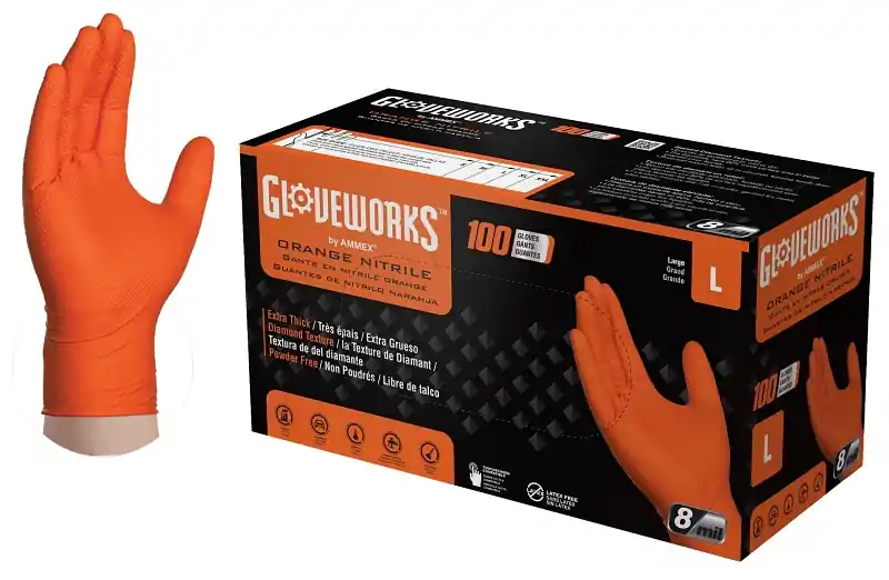 Gloveworks GWON46100 Heavy-Duty Disposable Gloves, L, Nitrile, Powder-Free, Orange, 9-1/2 in L Limited Time