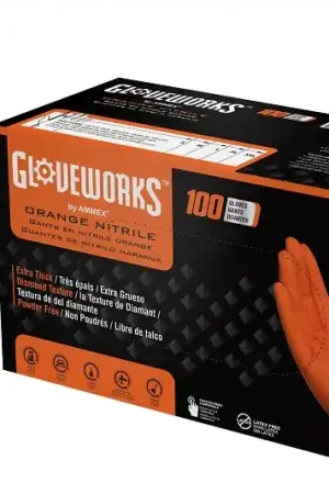 Premium Gloveworks GWON48100 Heavy-Duty Disposable Gloves, XL, Nitrile, Powder-Free, Orange, 9-1/2 in L