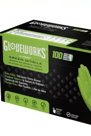 Best Price Gloveworks GWGN46100 Heavy-Duty Disposable Gloves, L, Nitrile, Powder-Free, Green, 9-1/2 in L