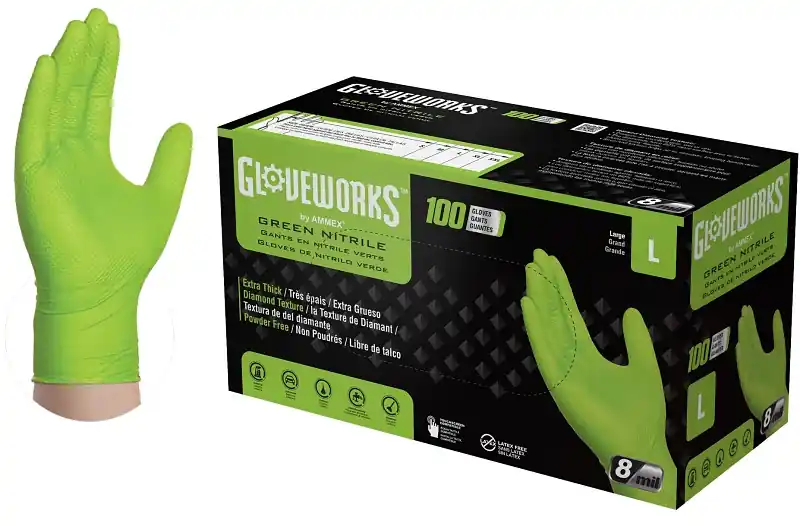 Best Price Gloveworks GWGN46100 Heavy-Duty Disposable Gloves, L, Nitrile, Powder-Free, Green, 9-1/2 in L