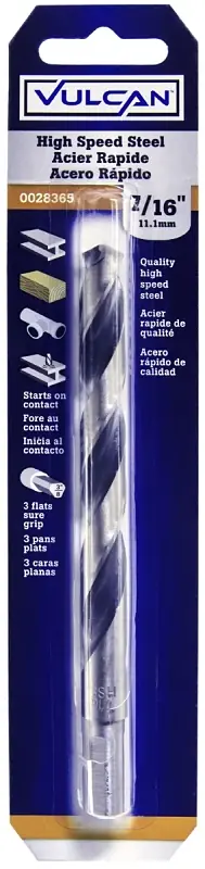 Clearance Vulcan 289241OR Jobber Drill Bit, 7/16 in Dia, 5-5/8 in OAL, 3-Flat, Reduced Shank