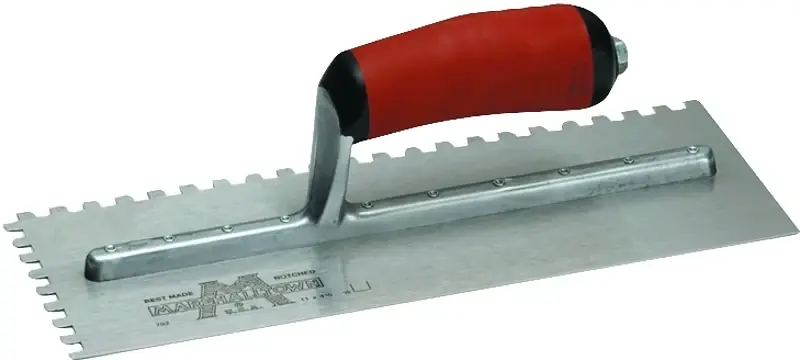 Marshalltown 702SD Trowel, 1/4 in W x 1/4 in D Notch, 11 in L, 4-1/2 in W, Square Notch, Curved Handle Luxury